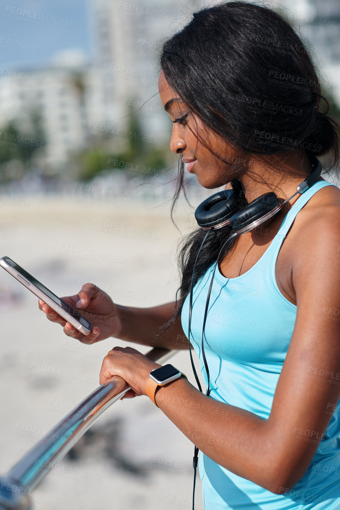 Buy stock photo Phone, travel and black woman by beach on holiday for texting, social media or contact on mobile app. Tech, promenade and female person on cellphone for blog on vacation tips by ocean on weekend trip