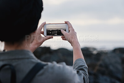 Buy stock photo Outdoor, person or hands with phone screen for photography, environment blog or holiday trip update. Mobile, space or woman with nature picture for eco tourism, vacation memory or social media post