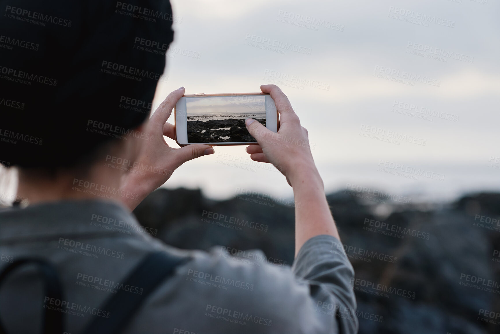 Buy stock photo Outdoor, person or hands with phone screen for photography, environment blog or holiday trip update. Mobile, space or woman with nature picture for eco tourism, vacation memory or social media post
