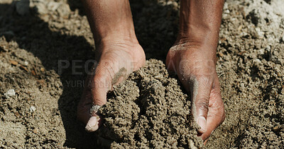 Buy stock photo Sustainable, nature and hands with soil for inspection of environment for quality assurance. Outdoor, farmer and person with fertilizer for evaluation of land, agriculture or compost testing.