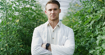 Buy stock photo Scientist, man or arms crossed in greenhouse portrait for field study, medical research or about us. Sustainable, agronomist and confidence for crop management, quality assurance and plant inspection