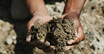 Agriculture, nature and hand with compost for inspection, fertilizer check and environment assessment. Outdoor, farmer and person with evaluation for land health, sustainable farming and testing soil