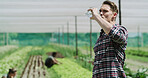 Man, farmer and drinking with water for agriculture, natural sustainability or food production. Thirsty, male person or farming with liquid for hydration, agro business or conservation in greenhouse