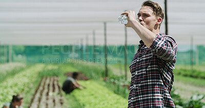 Buy stock photo Man, farmer and drinking with water for agriculture, natural sustainability or food production. Thirsty, male person or farming with liquid for hydration, agro business or conservation in greenhouse