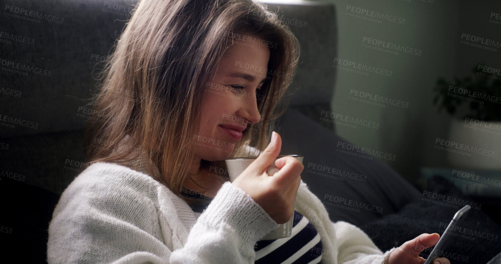 Buy stock photo Coffee, relax and woman with phone in bedroom for social media, morning news or reading blog. Drink, mobile and happy person on bed for online article, story and browsing internet with app at home