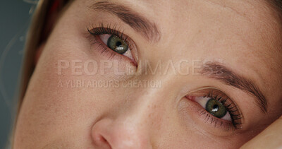 Buy stock photo Vision, portrait and eyecare for woman, wellness and optical exam for red eyes and allergic reaction. Ophthalmology, closeup and person with ocular surface disease, optometry and eyesight health