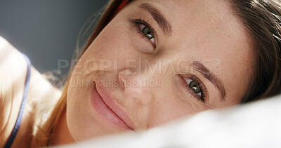 Buy stock photo Portrait, woman and lying with smile on bed for comfort, relax or soothing weekend in home. Face, happy and female person with pillow or rest for morning break, calm holiday or recovery in house