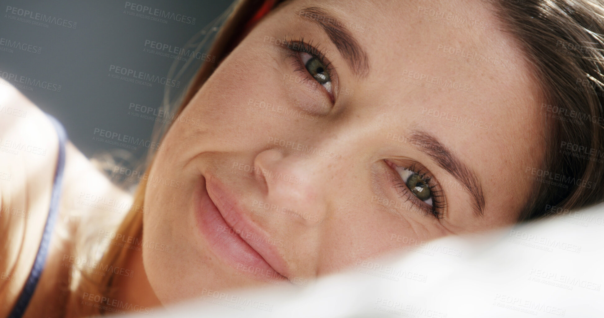 Buy stock photo Portrait, woman and lying with smile on bed for comfort, relax or soothing weekend in home. Face, happy and female person with pillow or rest for morning break, calm holiday or recovery in house
