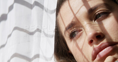 Buy stock photo Woman, window and anxiety in home with thinking, loneliness or regret with reflection for decision. Sad, memory and person with perspective for loss, grief and mental health for morning in house