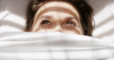 Buy stock photo Morning, bedroom and woman peek with top view for idea, inspiration and thinking with reflection. Thoughts, blanket cover and person on cozy bed to relax at home from above with peace, calm or vision