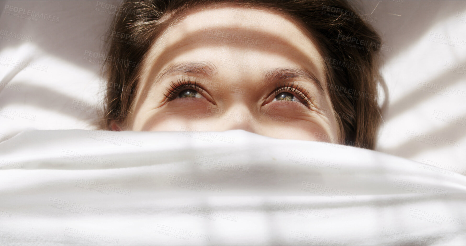 Buy stock photo Morning, bedroom and woman peek with top view for idea, inspiration and thinking with reflection. Thoughts, blanket cover and person on cozy bed to relax at home from above with peace, calm or vision