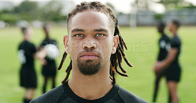 Buy stock photo Face, rugby and training with confident man outdoor at tournament venue for game or match. Fitness, practice and workout with serious player on sports field for competition, exercise or wellness