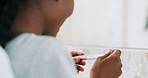 Waiting, hands and person with pregnancy test in home, confirmation and verification of conception. Hormone info, motherhood or woman with stick reading for outcome, fertility health or check lines