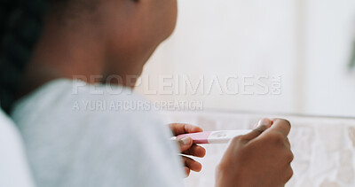 Buy stock photo Waiting, hands and person with pregnancy test in home, confirmation and verification of conception. Hormone info, motherhood or woman with stick reading for outcome, fertility health or check lines
