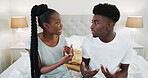 Argument, conflict or couple in bedroom with tension, fight or frustration in toxic relationship. Anger, unhappy or black people in home with disagreement, confrontation or mistake in marriage crisis