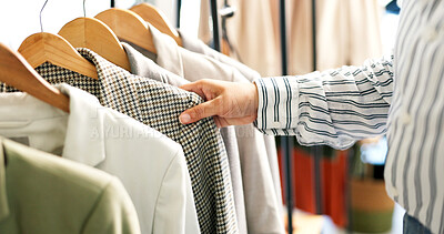 Buy stock photo Hands, jacket and woman in store with choice, decision and shopping for retail therapy with fabric quality. Fashion, design and female customer in boutique with discount, deal or sale for blazer.