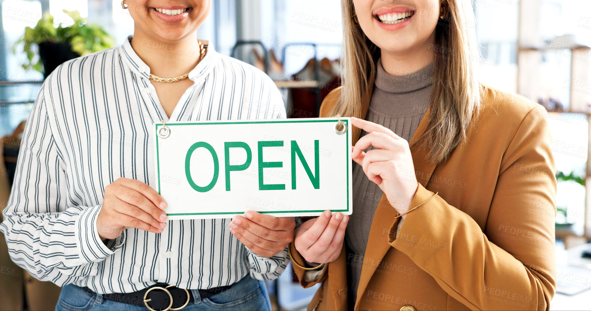 Buy stock photo Hands, open sign and women in small business boutique for commerce, retail or teamwork. Collaboration, glass door and smile with happy employees at shop entrance together for management of startup