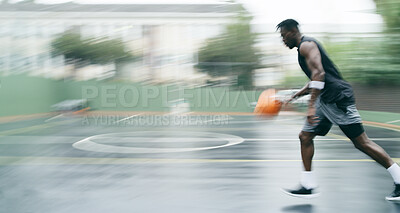 Buy stock photo Basketball, game and man with fitness, sports and training for wellness, progress and dribble. Space, person and player with practice for health benefits, technique and competition for challenge