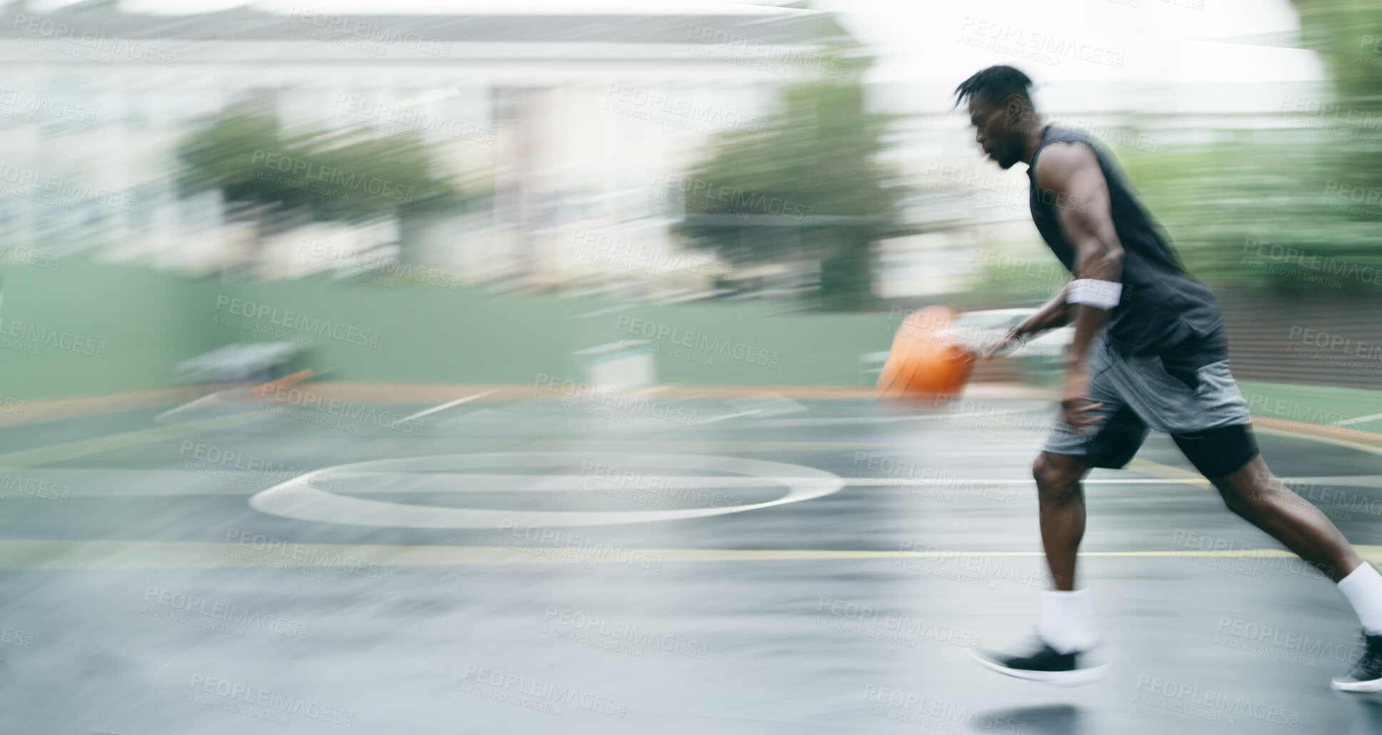 Buy stock photo Basketball, game and man with fitness, sports and training for wellness, progress and dribble. Space, person and player with practice for health benefits, technique and competition for challenge