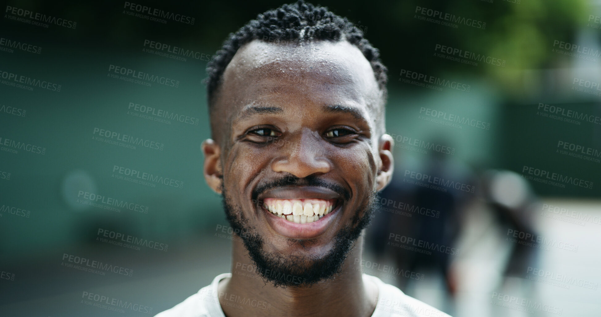 Buy stock photo Confidence, portrait or black man on basketball court with smile, fitness hobby or practice in weekend match. Pride, happy or player with space, hoop sport and training with athletic competition.