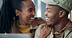 Love, laptop and laughing with black couple in coffee shop for break, connection or date. Computer, conversation and hug with funny people in cafe or restaurant together for reaction to online joke