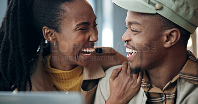 Buy stock photo Love, laptop and laughing with black couple in coffee shop for break, connection or date. Computer, conversation and hug with funny people in cafe or restaurant together for reaction to online joke