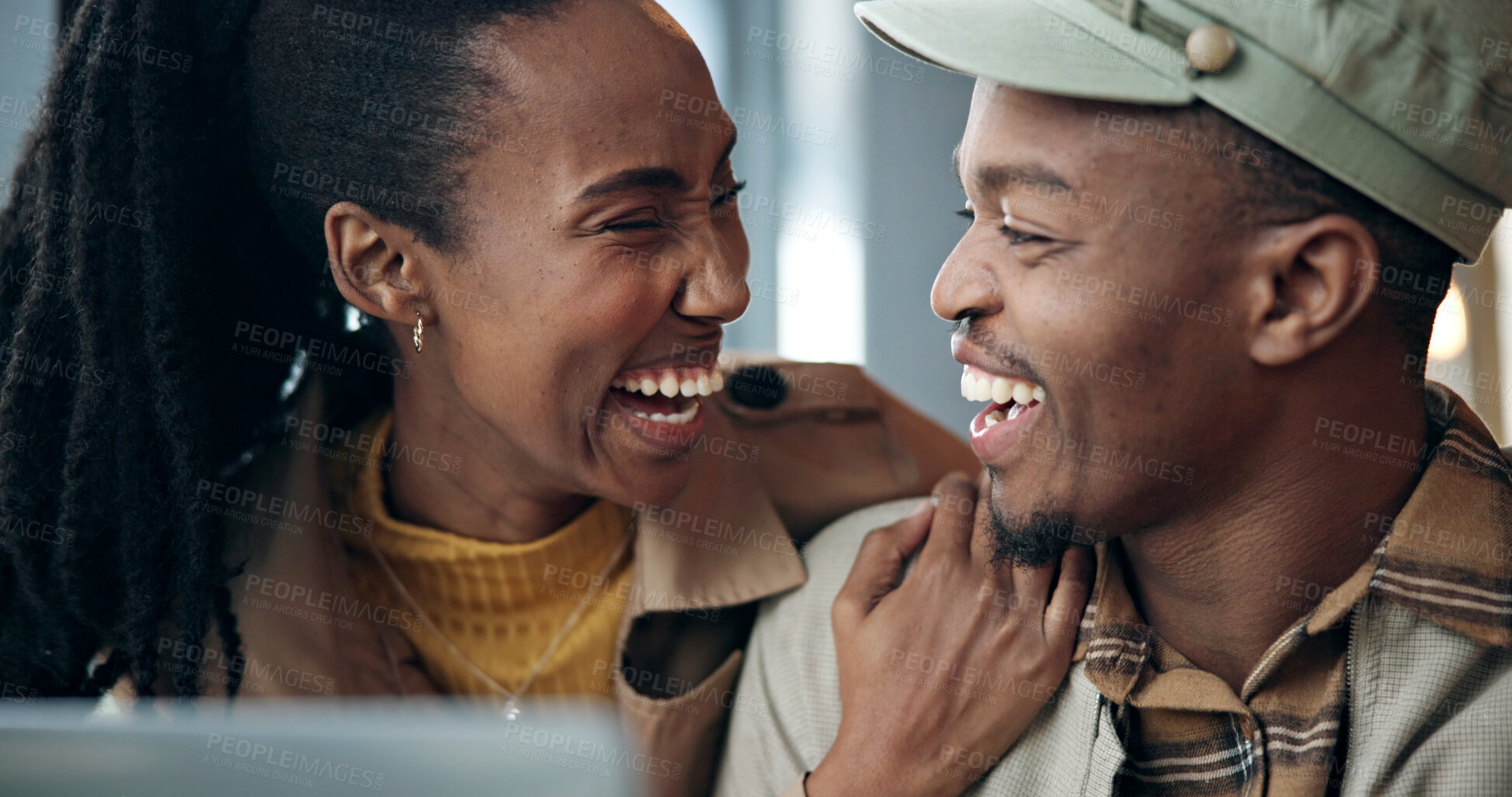 Buy stock photo Love, laptop and laughing with black couple in coffee shop for break, connection or date. Computer, conversation and hug with funny people in cafe or restaurant together for reaction to online joke