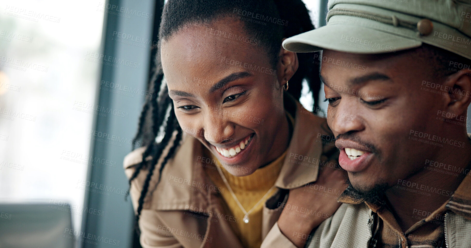 Buy stock photo Love, laptop and smile with black couple in coffee shop for break, connection or date. Computer, conversation and hug with happy people in cafe or restaurant together for bonding, reading or search