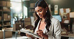 Ecommerce, woman and writing in office with tablet, administration or inventory management report. Happy, person and stylus in small business with tech, logistics update or notes for courier delivery
