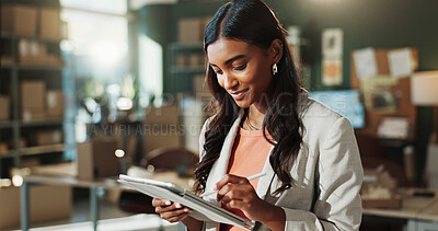 Buy stock photo Ecommerce, woman and writing in office with tablet, administration or inventory management report. Happy, person and stylus in small business with tech, logistics update or notes for courier delivery