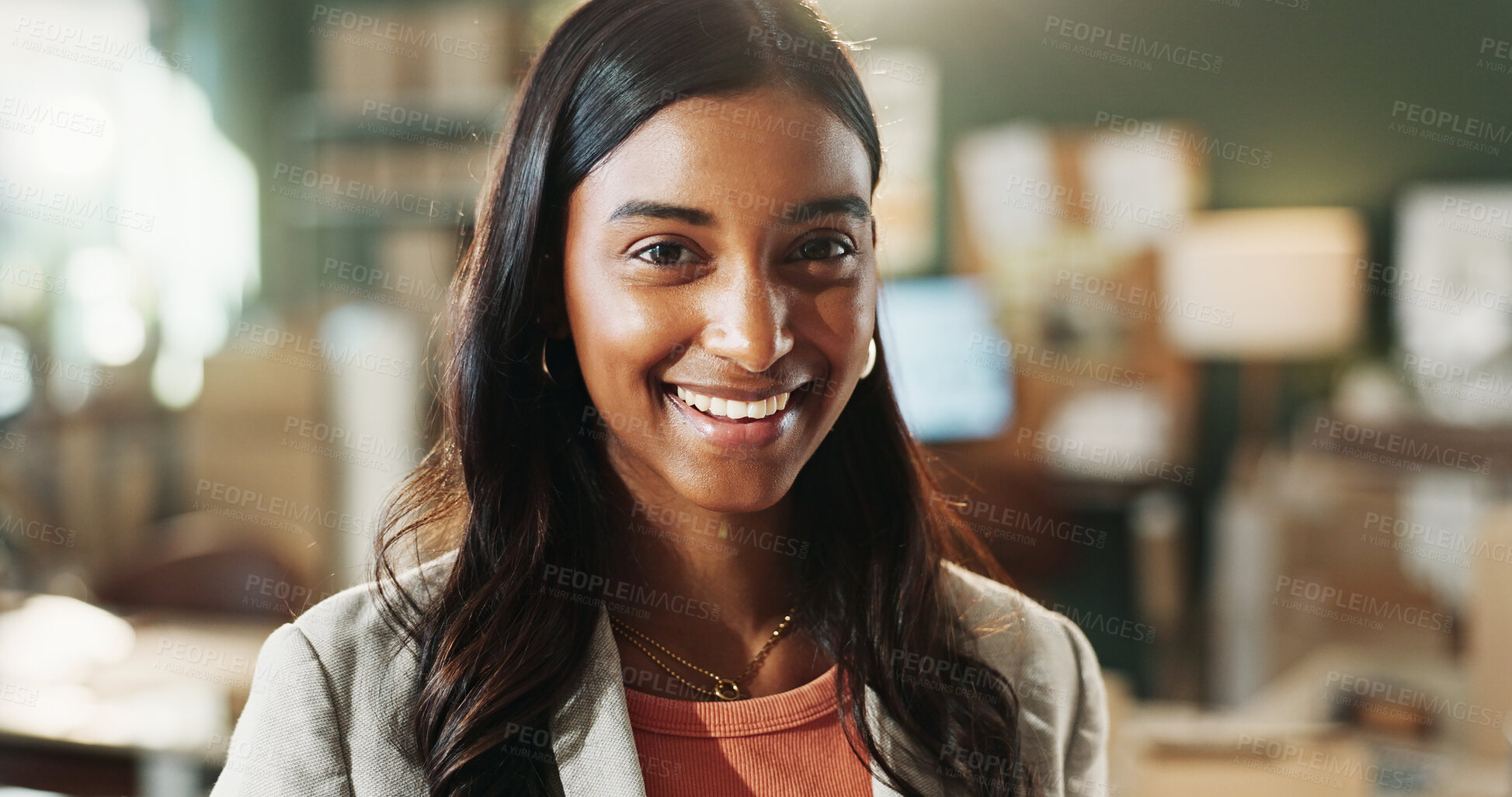 Buy stock photo Small business, smile and woman in office for ecommerce startup, logistics career and supply chain. Shipping, entrepreneur and happy person in workplace for distribution, about us and portrait