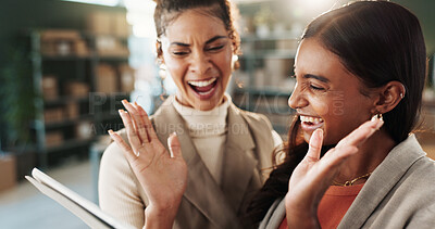 Buy stock photo High five, logistics and tablet with women in office together for delivery or distribution goals. App, collaboration and support with excited supply chain employees in warehouse for celebration