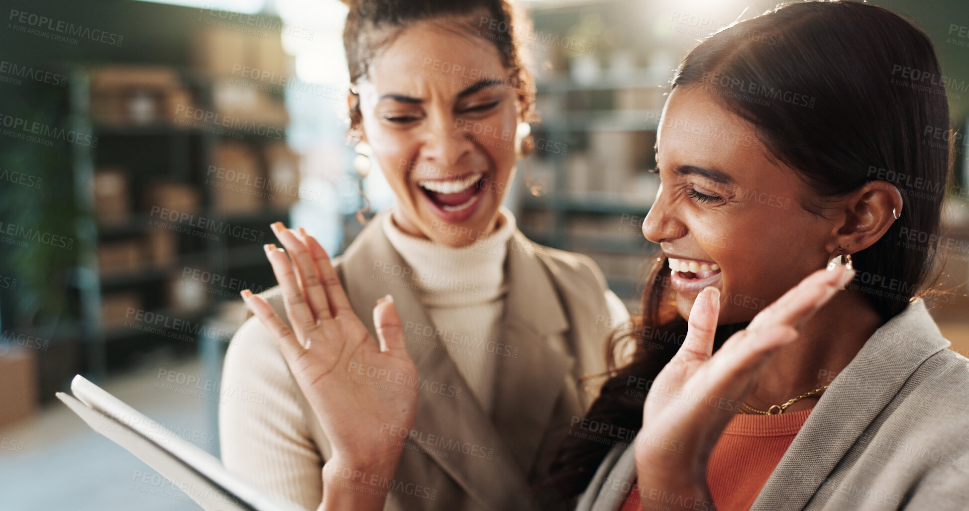 Buy stock photo High five, logistics and tablet with women in office together for delivery or distribution goals. App, collaboration and support with excited supply chain employees in warehouse for celebration
