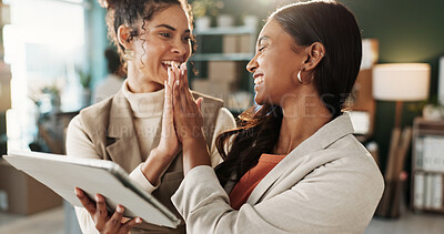 Buy stock photo Ecommerce, team and high five in office with tablet, sales target or notification for shipping success. Happy, women and celebration in small business with tech, online order or logistics achievement
