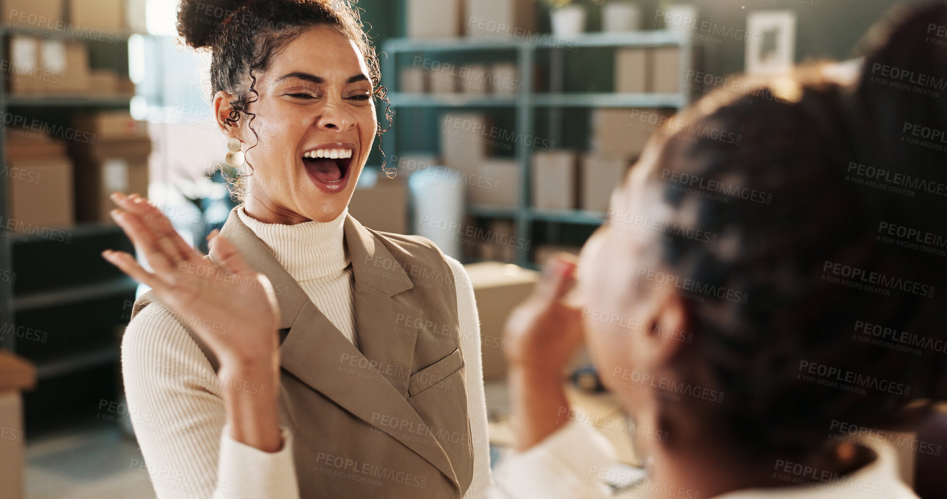 Buy stock photo High five, logistics and success with women in warehouse together for delivery or distribution goals. Celebration, support and teamwork with excited supply chain employees in office for collaboration