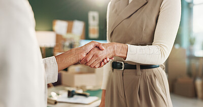 Buy stock photo People, logistics and handshake with small business partner for thank you, deal or agreement. Employees, supplier or distributor shaking hands for b2b, partnership or supply chain startup together