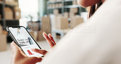 Buy stock photo Logistics, phone screen and hands in warehouse with website, sale update and fashion app. Entrepreneur, person and mobile in small business for ecommerce, catalog promo and web shopping service
