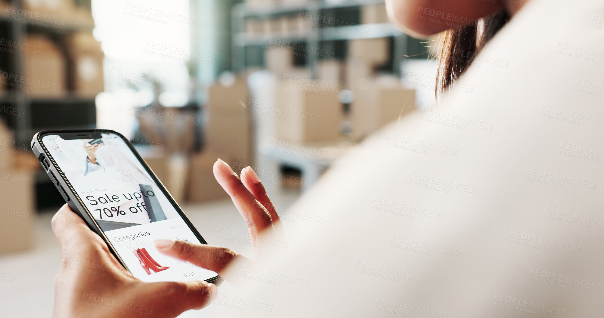 Buy stock photo Logistics, phone screen and hands in warehouse with website, sale update and fashion app. Entrepreneur, person and mobile in small business for ecommerce, catalog promo and web shopping service