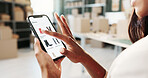 Hands, logistics or online shopping with phone screen for shoes, fashion sale or discount in startup. Woman, technology or ecommerce service with boxes or smartphone display for small business app