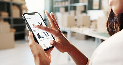 Buy stock photo Hands, logistics or online shopping with phone screen for shoes, fashion sale or discount in startup. Woman, technology or ecommerce service with boxes or smartphone display for small business app
