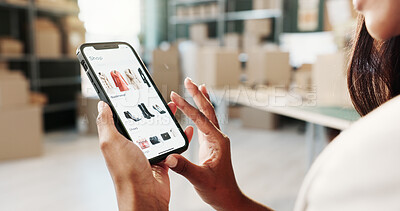 Buy stock photo Hands, logistics or ecommerce with phone screen for shoes, fashion sale or discount in startup. Woman, technology or online shopping service with boxes or smartphone display for small business app