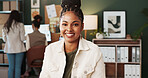 Woman, portrait and smile at small business office with owner, courier and entrepreneurship growth. Female person, dropshipping startup and pride in export company with ambition and development