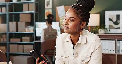 Buy stock photo Woman, thinking and phone for small business with smile, owner and ideas for courier app for growth. Person, mobile and vision for dropshipping startup with tech or digital platform for ecommerce