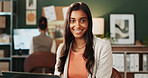 Woman, portrait and happy at small business workplace with about us, courier and entrepreneurship growth. Female person, dropshipping startup and pride in export company with ambition and development