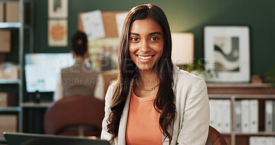 Buy stock photo Woman, portrait and happy at small business workplace with about us, courier and entrepreneurship growth. Female person, dropshipping startup and pride in export company with ambition and development