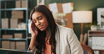 Frustrated, woman and logistics with headache in office for financial crisis or tax inflation. Female person, boxes and stress for freight delay, supplier issue or delivery cost in small business