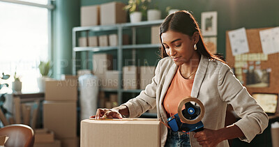 Buy stock photo Woman, logistics or packing box with tape for small business distribution or supply chain. Female person, distributor or supplier with package, parcel or cargo for freight safety, delivery or courier