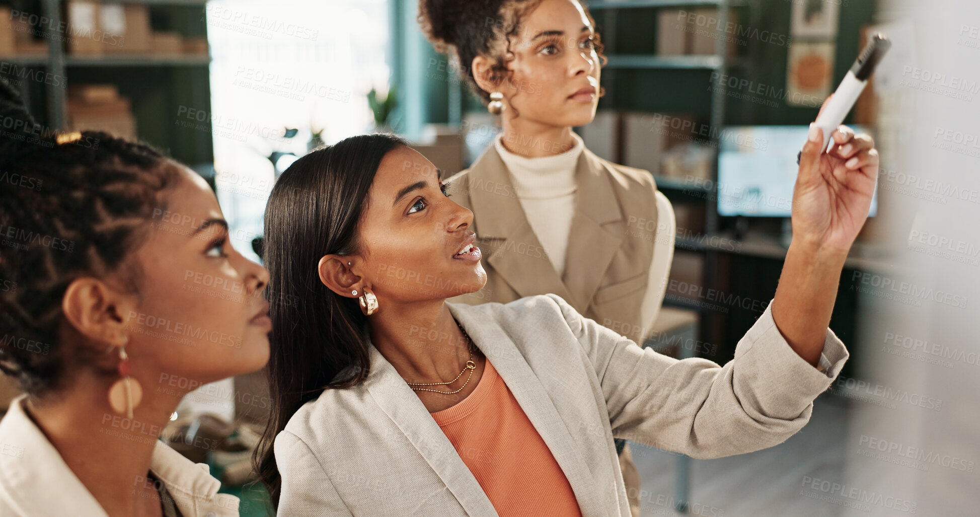 Buy stock photo Glass wall, planning and team with women in logistics warehouse for supply chain strategy. Conversation, ecommerce and storyboard with employee group in office for delivery or distribution schedule