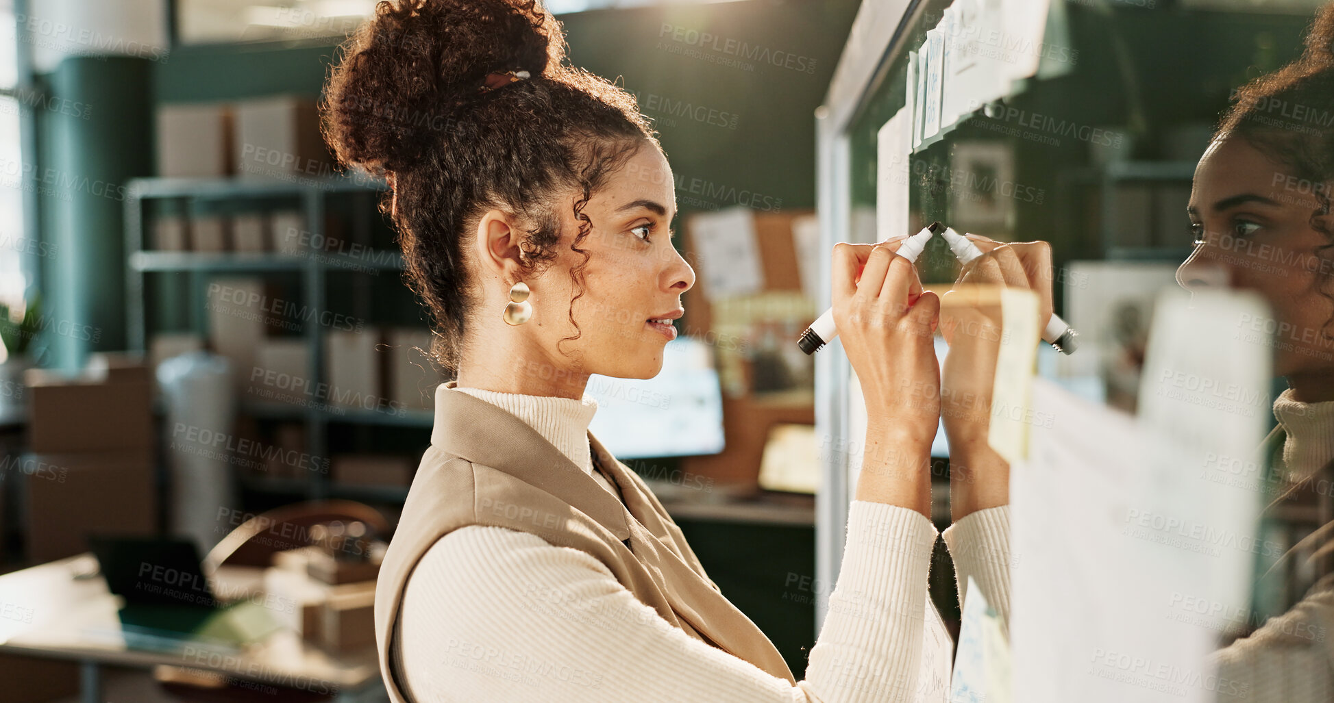 Buy stock photo Planning, storyboard and writing with woman in logistics warehouse for shipping schedule. Ecommerce, glass wall and marker with employee in supply chain office for delivery or distribution strategy