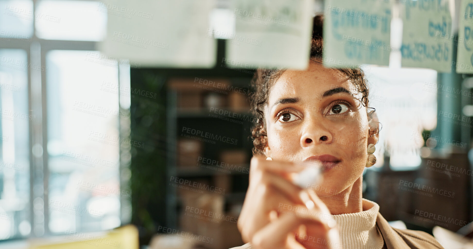 Buy stock photo Glass wall, planning and writing with woman in logistics warehouse for shipping strategy. Ecommerce, maker and storyboard with employee in supply chain office for delivery or distribution tracking
